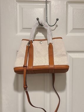 Canvas and Tan Leather Trim Tote Bag - Cream/Tan